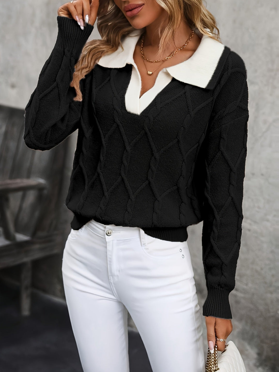 Strickpullover Damen | Rautenmuster mit Polokragen 1