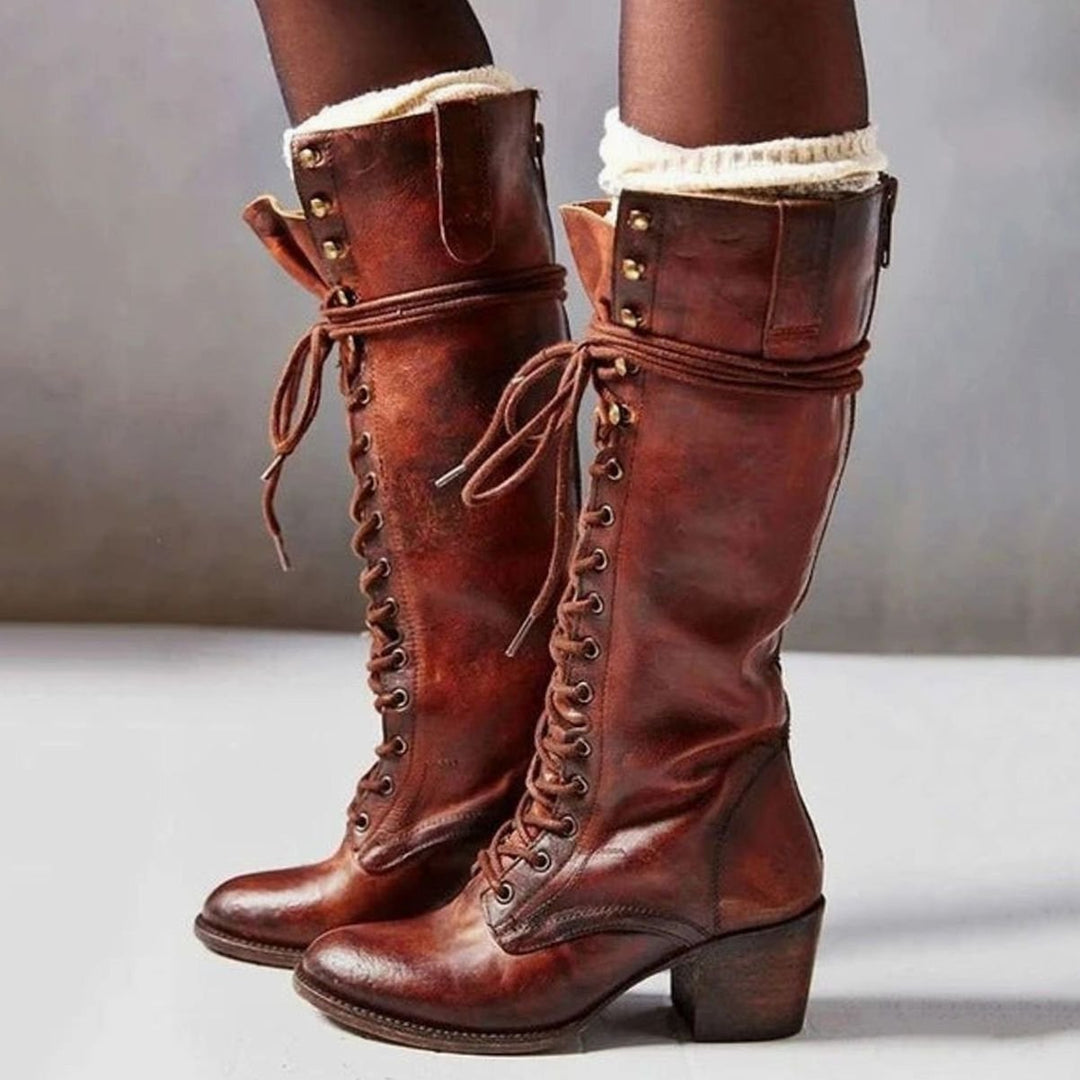 Kniehohe Stiefel Damen | Schnürung & Blockabsatz