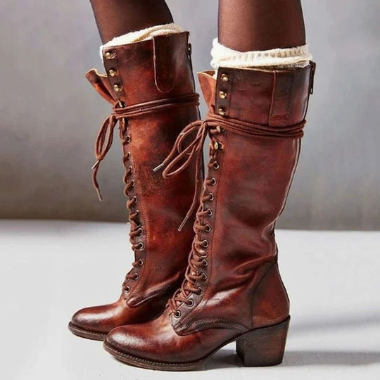 Kniehohe Stiefel Damen | Schnürung & Blockabsatz