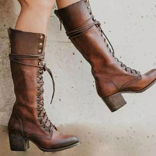Kniehohe Stiefel Damen | Schnürung & Blockabsatz