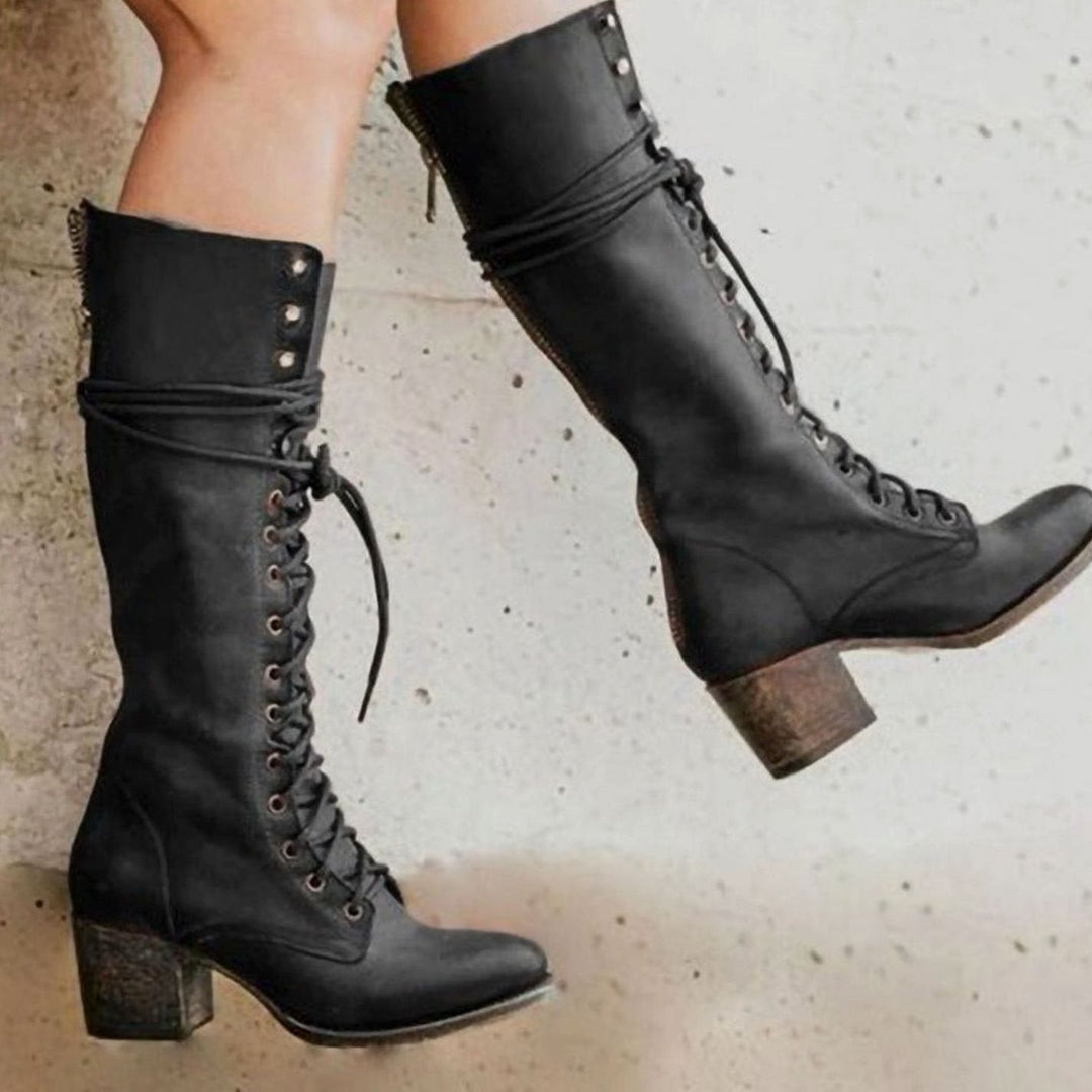Kniehohe Stiefel Damen | Schnürung & Blockabsatz