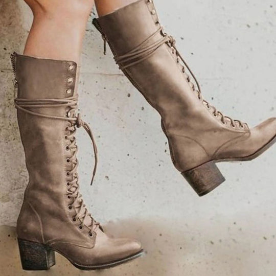 Kniehohe Stiefel Damen | Schnürung & Blockabsatz